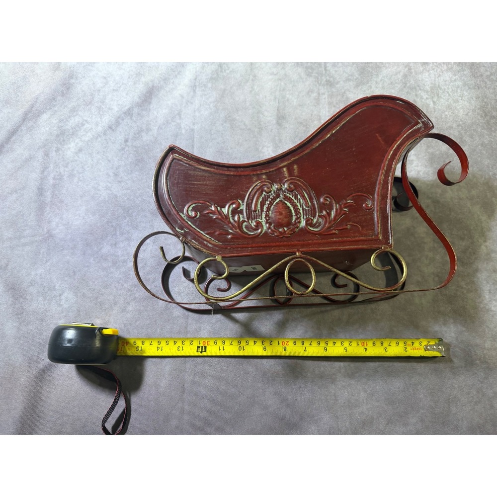Vintage Style Red Metal Christmas Sleigh Decorative Tabletop Centerpiece 15in